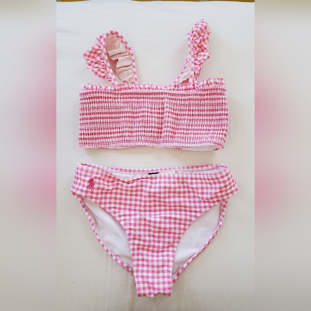 Polo Ralph Lauren Baja Pink Gingham Shirred Top Bikini Girls Size 6